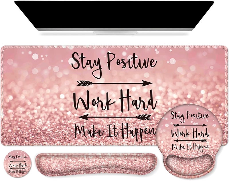 iCasso Mouse Pad,Large Pink Desk Mat Set, 4in1 XXL Mousepad + Keyboard Wrist Rest+Mouse Wrist Rest+Coaster with Ergonomic Desk Pad for Home Office Table Computer Cover -Pink Stay Positive - Image 1